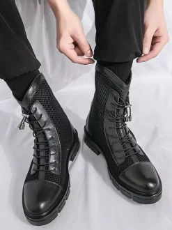 Mens Ankle Boot Patchwork Mesh Platform Cutout Lace Up Combat Boots