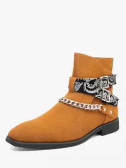 Men's Ankle Boots Chelsea Black Boots Buckle Suede Leather Chains Motorcycle Boots