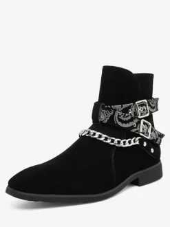 Men's Ankle Boots Chelsea Black Boots Buckle Suede Leather Chains Motorcycle Boots