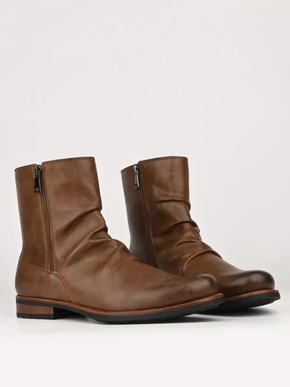 Men's Ankle Boots Round Toe Ruched Zip Up Booties