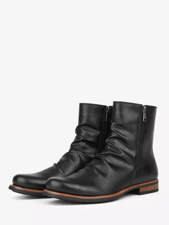 Men's Ankle Boots Round Toe Ruched Zip Up Booties