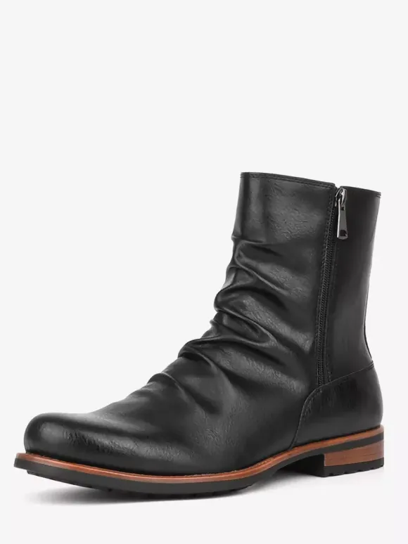Men's Ankle Boots Round Toe Ruched Zip Up Booties