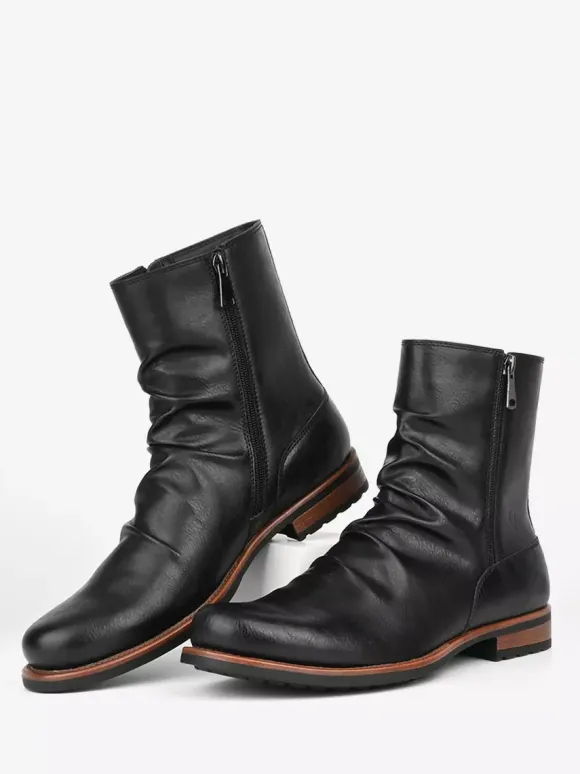 Men's Ankle Boots Round Toe Ruched Zip Up Booties