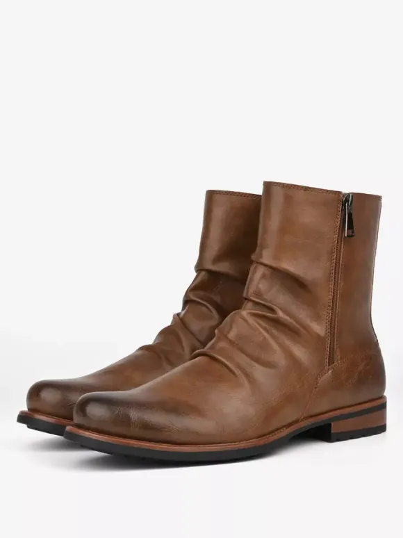 Men's Ankle Boots Round Toe Ruched Zip Up Booties