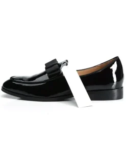 Mens Belgian Loafer Black Groom Shoes Square Toe Bow Slip On Wedding Dress Shoes Party Shoes