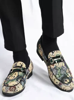 Mens Bit Loafers Slip-On Low Heels Round Toe Animal Print Moccasins Shoes