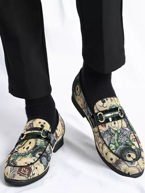 Mens Bit Loafers Slip-On Low Heels Round Toe Animal Print Moccasins Shoes