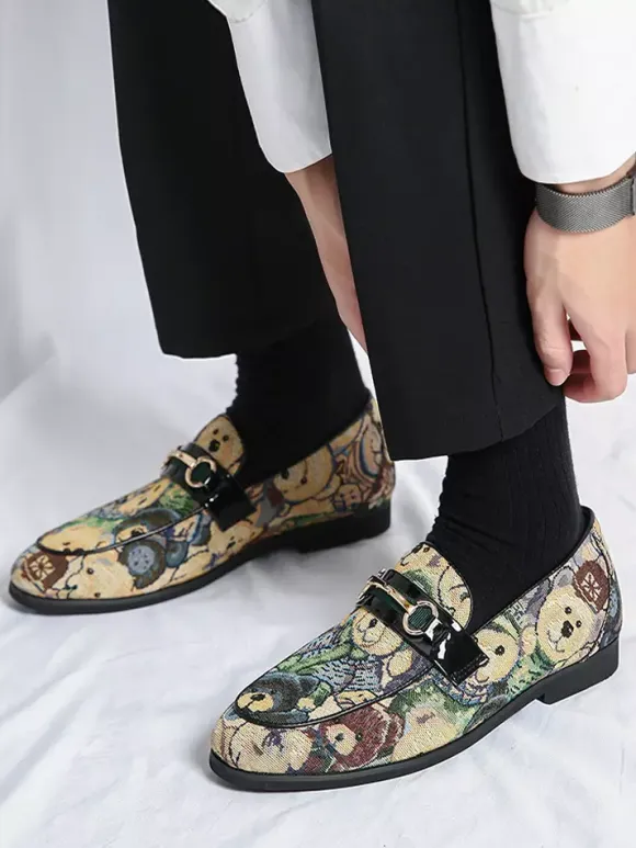 Mens Bit Loafers Slip-On Low Heels Round Toe Animal Print Moccasins Shoes
