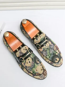 Mens Bit Loafers Slip-On Low Heels Round Toe Animal Print Moccasins Shoes