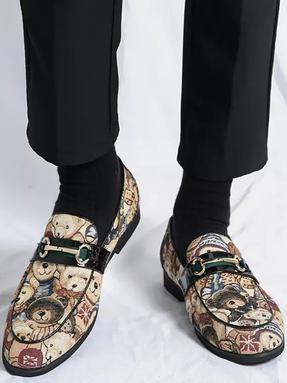 Mens Bit Loafers Slip-On Low Heels Round Toe Animal Print Moccasins Shoes