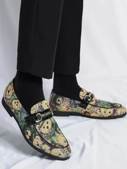 Mens Bit Loafers Slip-On Low Heels Round Toe Animal Print Moccasins Shoes