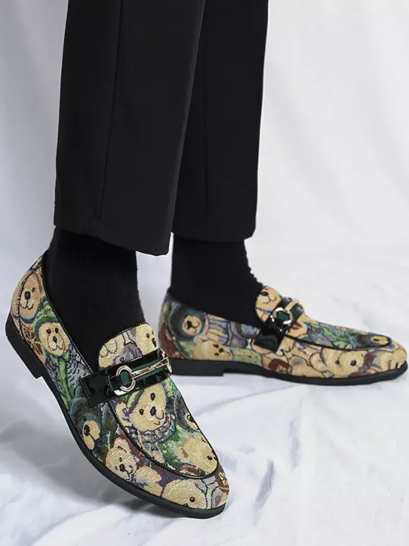 Mens Bit Loafers Slip-On Low Heels Round Toe Animal Print Moccasins Shoes