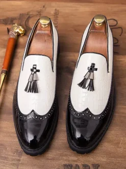 Mens Black And White Wingtip Tassel Loafers Slip-On Formal Prom Homecoming Party Shoes