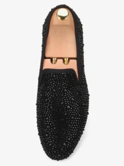 Men's Black Crystals Suede Rivets Loafers Slip-On Rhinestones Round Toe Prom Party Wedding Shoes