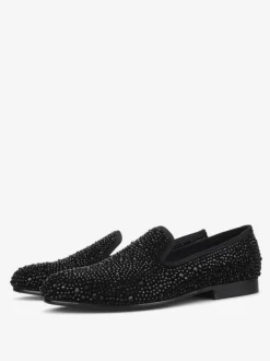 Men's Black Crystals Suede Rivets Loafers Slip-On Rhinestones Round Toe Prom Party Wedding Shoes