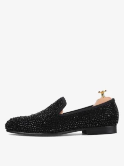 Men's Black Crystals Suede Rivets Loafers Slip-On Rhinestones Round Toe Prom Party Wedding Shoes