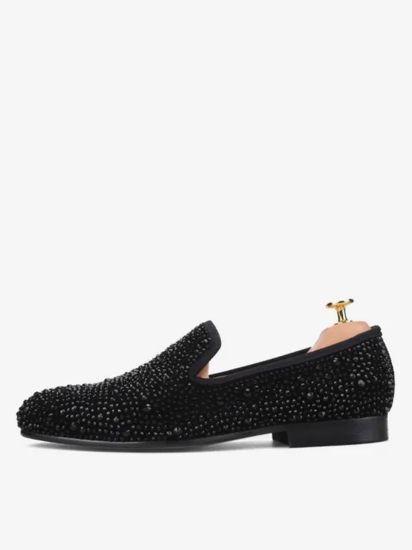 Men's Black Crystals Suede Rivets Loafers Slip-On Rhinestones Round Toe Prom Party Wedding Shoes