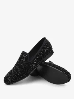 Men's Black Crystals Suede Rivets Loafers Slip-On Rhinestones Round Toe Prom Party Wedding Shoes