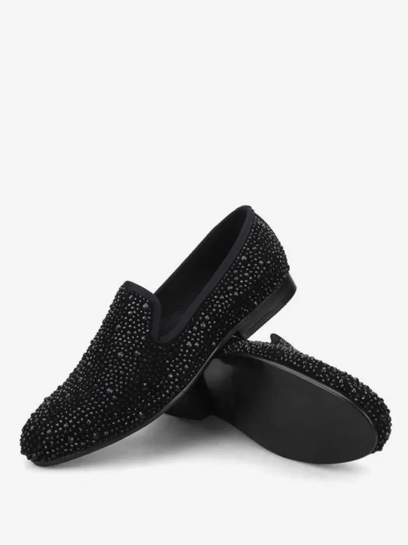 Men's Black Crystals Suede Rivets Loafers Slip-On Rhinestones Round Toe Prom Party Wedding Shoes
