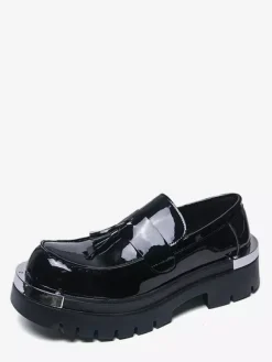 Men's Black Loafers Round Toe Metal Detail Slip On Shoes