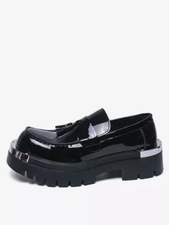 Men's Black Loafers Round Toe Metal Detail Slip On Shoes