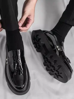 Men's Black Loafers Round Toe Slip On Shoes With Tassels
