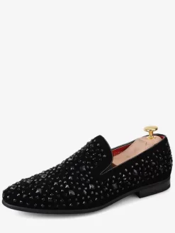 Mens Black Rivets Loafers Studded Rhinestones Slip on Dress Prom Homecoming Wedding Shoes