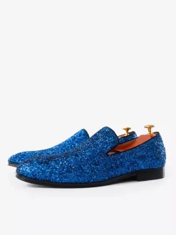 Mens Blue Glitter Sequins Rivets Loafers Round Toe Slip On Prom Party Wedding Shoes