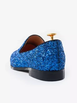 Mens Blue Glitter Sequins Rivets Loafers Round Toe Slip On Prom Party Wedding Shoes