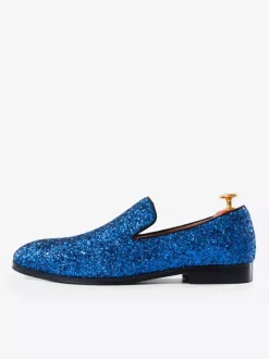 Mens Blue Glitter Sequins Rivets Loafers Round Toe Slip On Prom Party Wedding Shoes