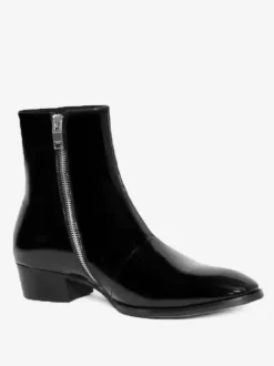 Mens Boots Black Patent Pointed Toe low heel Prom Boots Zipper Leather Shoes
