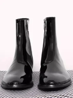 Mens Boots Black Patent Pointed Toe low heel Prom Boots Zipper Leather Shoes