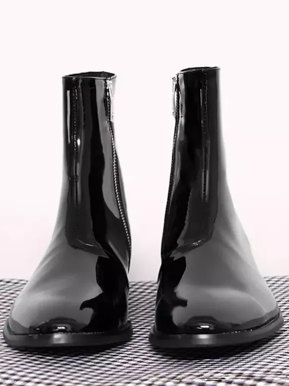 Mens Boots Black Patent Pointed Toe low heel Prom Boots Zipper Leather Shoes