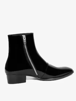 Mens Boots Black Patent Pointed Toe low heel Prom Boots Zipper Leather Shoes