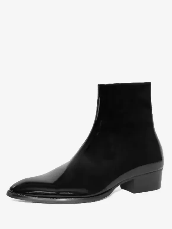 Mens Boots Black Patent Pointed Toe low heel Prom Boots Zipper Leather Shoes