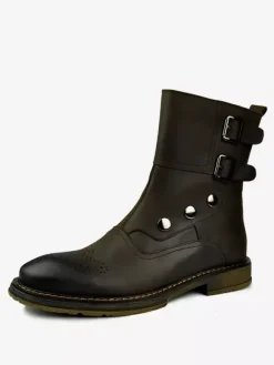 Men's Boots Chelsea Boots Deep Brown Cowhide Round Toe Buckle