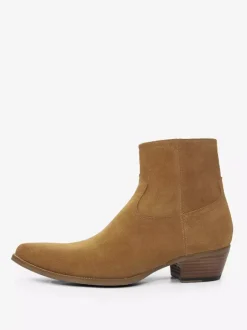 Mens Boots Coffee Brown Suede Zipper Toe-spring boots Slip On pointed toe mid heel Ankle Boots