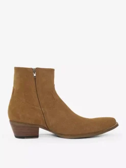 Mens Boots Coffee Brown Suede Zipper Toe-spring boots Slip On pointed toe mid heel Ankle Boots