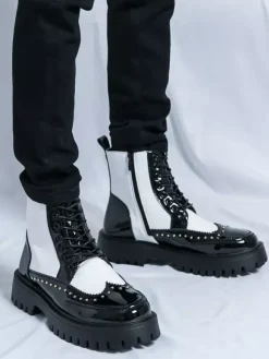 Mens Boots Rivet Wingtip Round Toe Ankle Boots With Anti-Slip Platform Sole