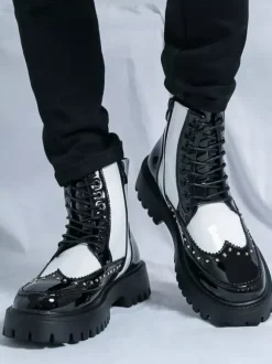 Mens Boots Rivet Wingtip Round Toe Ankle Boots With Anti-Slip Platform Sole