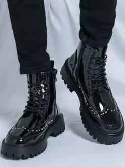 Mens Boots Rivet Wingtip Round Toe Ankle Boots With Anti-Slip Platform Sole