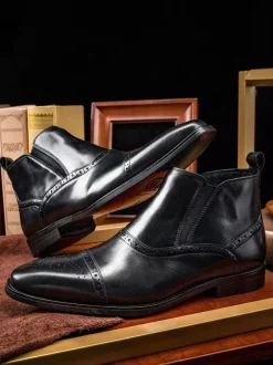 Mens Brogue Chelsea Boots High-Top Leather Square Toe Ankle Boots