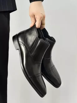 Mens Brogue Chelsea Boots High-Top Leather Square Toe Ankle Boots