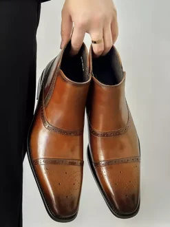 Mens Brogue Chelsea Boots High-Top Leather Square Toe Ankle Boots