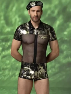 Men's Camouflage Military Romper Costume Mesh Metallic With Beret Halloween Outfit Night Club Wear