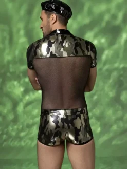 Men's Camouflage Military Romper Costume Mesh Metallic With Beret Halloween Outfit Night Club Wear