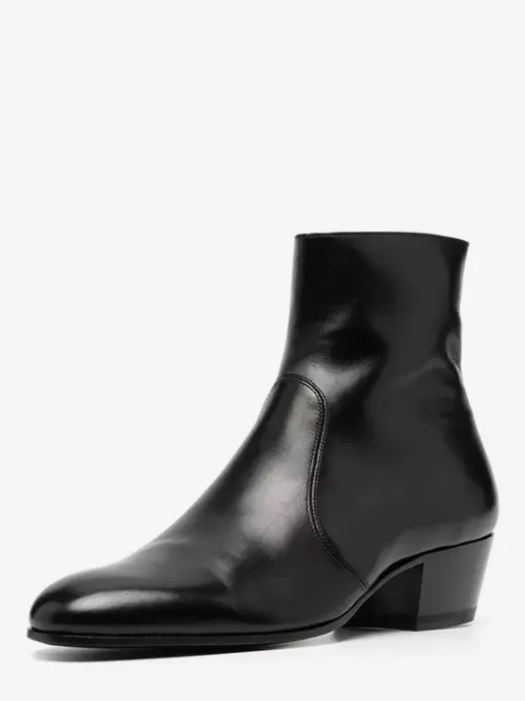 Men's Chelsea Boots Black Cowhide Pointed Toe Chunky Heel Ankle Boots