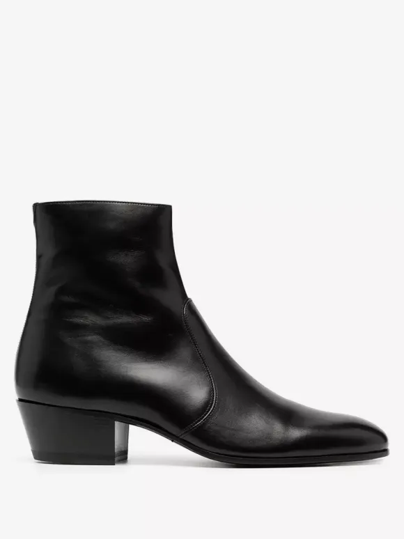 Men's Chelsea Boots Black Cowhide Pointed Toe Chunky Heel Ankle Boots