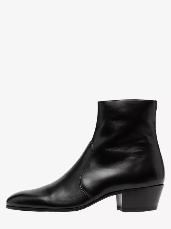 Men's Chelsea Boots Black Cowhide Pointed Toe Chunky Heel Ankle Boots