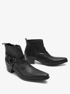 Men's Chelsea Boots Black Cowhide Pointed Toe Starps Ankel Short Boots